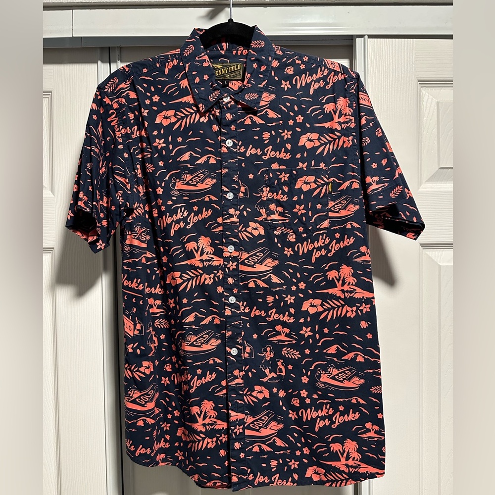Benny Gold “Works for Jerks” all over print button up size large